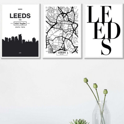 Artze Wall Art Set Of 3 Leeds Skyline Street Map City Prints Wall Art Prints / 42X59Cm (A2) / White Frame from B&Q