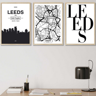 Artze Wall Art Set Of 3 Leeds Skyline Street Map City Prints Wall Art Prints / 42X59Cm (A2) / Oak Frame from B&Q