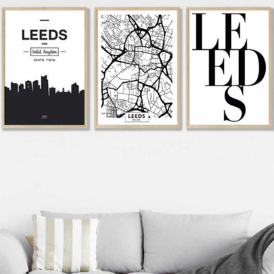 Artze Wall Art Set Of 3 Leeds Skyline Street Map City Prints Wall Art Prints / 50X70Cm / Oak Frame from B&Q