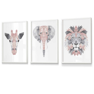 Artze Wall Art Set Of 3 Geometric Pink Grey Jungle Animal Heads Wall Art Prints / 30X42Cm (A3) / White Frame from B&Q