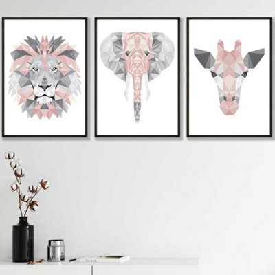 Artze Wall Art Set Of 3 Geometric Pink Grey Jungle Animal Heads Wall Art Prints / 42X59Cm (A2) / Black Frame from B&Q