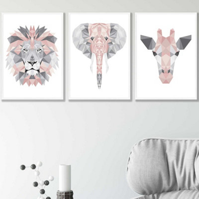Artze Wall Art Set Of 3 Geometric Pink Grey Jungle Animal Heads Wall Art Prints / 42X59Cm (A2) / White Frame from B&Q