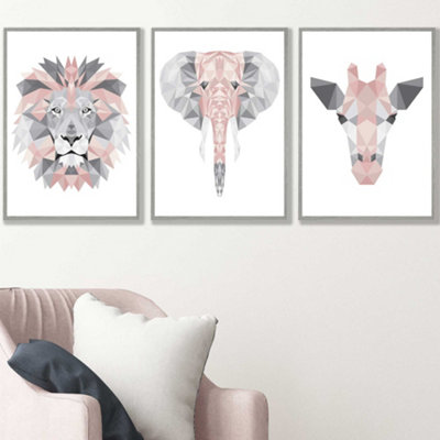Artze Wall Art Set Of 3 Geometric Pink Grey Jungle Animal Heads Wall Art Prints / 42X59Cm (A2) / Light Grey Frame from B&Q