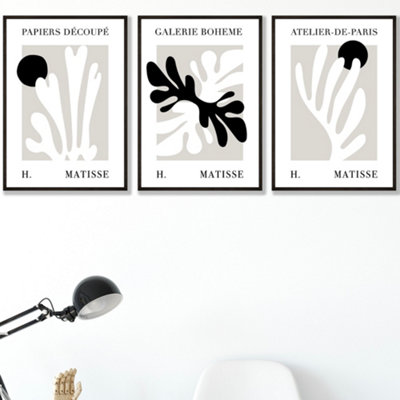 Set Of 3 Framed Matisse Floral Cut Out Style In Black & Beige / 30X42Cm (A3) / Black from B&Q