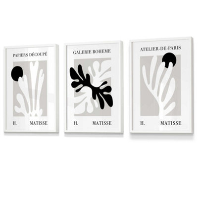 Set Of 3 Framed Matisse Floral Cut Out Style In Black & Beige / 30X42Cm (A3) / White from B&Q