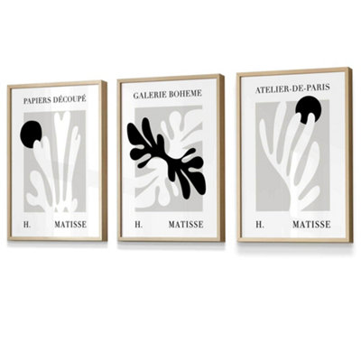 Set Of 3 Framed Matisse Floral Cut Out Style In Black & Beige / 30X42Cm (A3) / Oak from B&Q