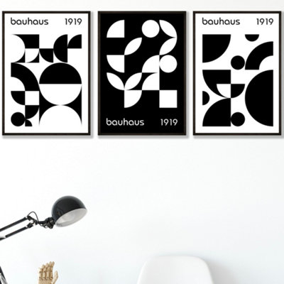 Artze Wall Art Bauhaus Black & White Geometric Set Of 3 Wall Art Prints With Black Frame. Size: A3 from B&Q