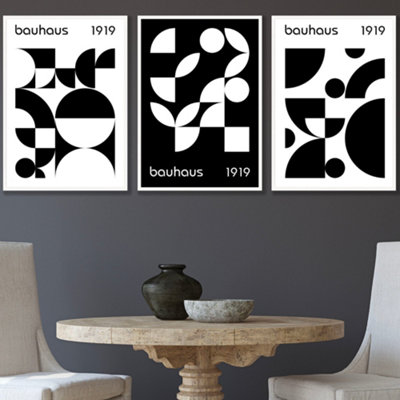 Artze Wall Art Bauhaus Black & White Geometric Set Of 3 Wall Art Prints With White Frame. Size: A3 from B&Q