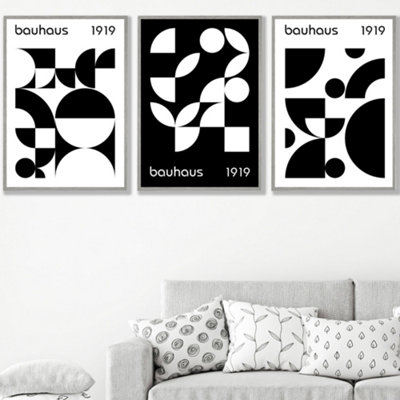 Artze Wall Art Bauhaus Black & White Geometric Set Of 3 Wall Art Prints With Light Grey Frame. Size: 50X70Cm from B&Q