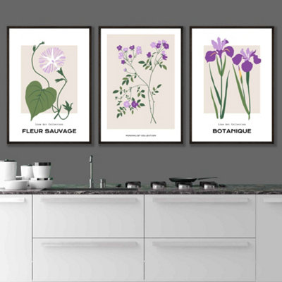 Set Of 3 Framed Vintage Graphical Flower Market Purple Lilac / 30X42Cm (A3) / Black from B&Q