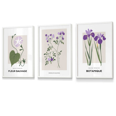 Set Of 3 Framed Vintage Graphical Flower Market Purple Lilac / 30X42Cm (A3) / White from B&Q