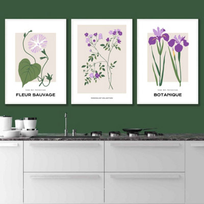 Set Of 3 Framed Vintage Graphical Flower Market Purple Lilac / 42X59Cm (A2) / White from B&Q