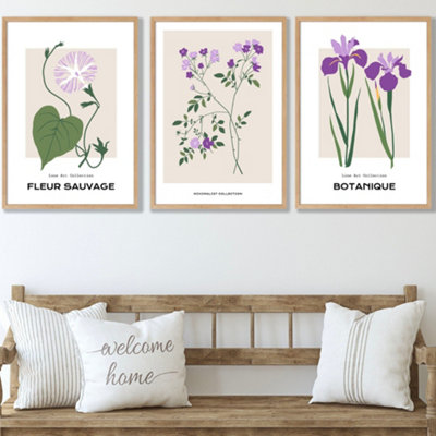 Set Of 3 Framed Vintage Graphical Flower Market Purple Lilac / 50X70Cm / Oak from B&Q