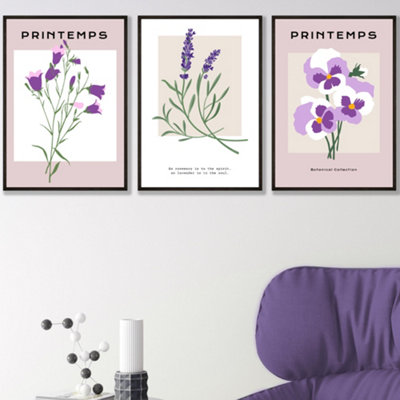 Set Of 3 Framed Vintage Graphical Lilac Purple Spring Flower Market / 30X42Cm (A3) / Black from B&Q