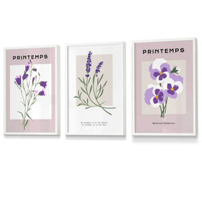Set Of 3 Framed Vintage Graphical Lilac Purple Spring Flower Market / 30X42Cm (A3) / White from B&Q