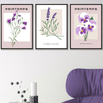 Set Of 3 Framed Vintage Graphical Lilac Purple Spring Flower Market / 42X59Cm (A2) / Black from B&Q