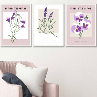 Set Of 3 Framed Vintage Graphical Lilac Purple Spring Flower Market / 42X59Cm (A2) / White from B&Q