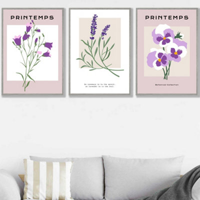Set Of 3 Framed Vintage Graphical Lilac Purple Spring Flower Market / 50X70Cm / Light Grey from B&Q