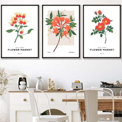Set Of 3 Framed Vintage Graphical Orange Flower Market / 50X70Cm / Black from B&Q