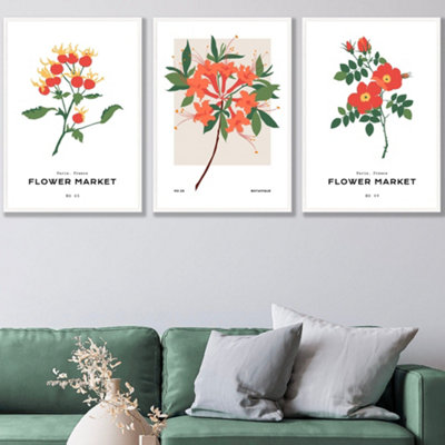 Set Of 3 Framed Vintage Graphical Orange Flower Market / 50X70Cm / White from B&Q