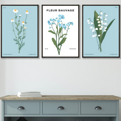 Set Of 3 Framed Vintage Graphical Blue Spring Wild Flower Market / 30X42Cm (A3) / Black from B&Q