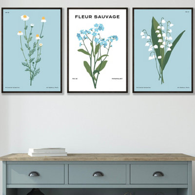 Set Of 3 Framed Vintage Graphical Blue Spring Wild Flower Market / 42X59Cm (A2) / Black from B&Q