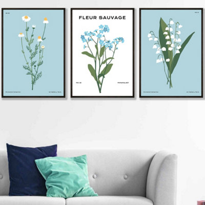 Set Of 3 Framed Vintage Graphical Blue Spring Wild Flower Market / 50X70Cm / Black from B&Q