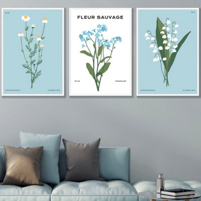 Set Of 3 Framed Vintage Graphical Blue Spring Wild Flower Market / 50X70Cm / White from B&Q