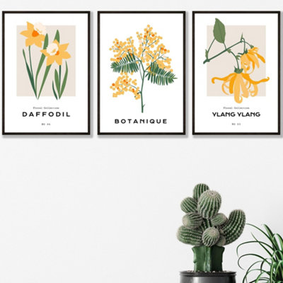 Set Of 3 Framed Vintage Graphical Yellow Spring Flower Market / 42X59Cm (A2) / Black from B&Q