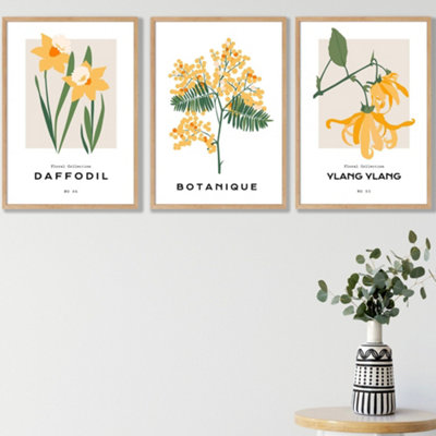 Set Of 3 Framed Vintage Graphical Yellow Spring Flower Market / 42X59Cm (A2) / Oak from B&Q