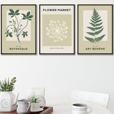 Set Of 3 Framed Vintage Graphical Green Botanical / 30X42Cm (A3) / Black from B&Q