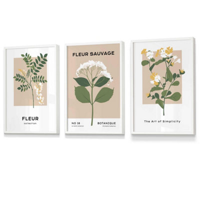 Set Of 3 Framed Vintage Graphical Yellow Wild Flower Market / 30X42Cm (A3) / White from B&Q