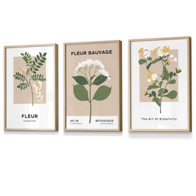 Set Of 3 Framed Vintage Graphical Yellow Wild Flower Market / 30X42Cm (A3) / Oak from B&Q
