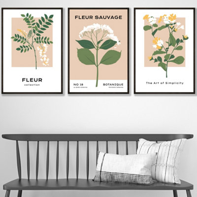 Set Of 3 Framed Vintage Graphical Yellow Wild Flower Market / 42X59Cm (A2) / Black from B&Q