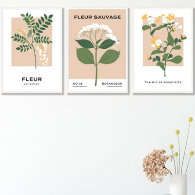 Set Of 3 Framed Vintage Graphical Yellow Wild Flower Market / 42X59Cm (A2) / White from B&Q