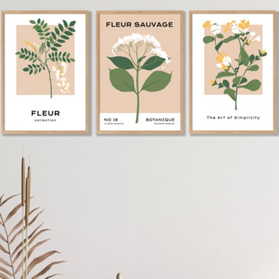Set Of 3 Framed Vintage Graphical Yellow Wild Flower Market / 42X59Cm (A2) / Oak from B&Q