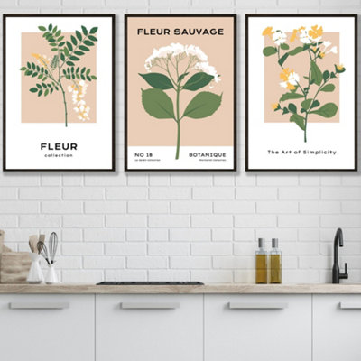 Set Of 3 Framed Vintage Graphical Yellow Wild Flower Market / 50X70Cm / Black from B&Q