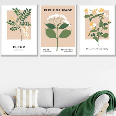 Set Of 3 Framed Vintage Graphical Yellow Wild Flower Market / 50X70Cm / White from B&Q