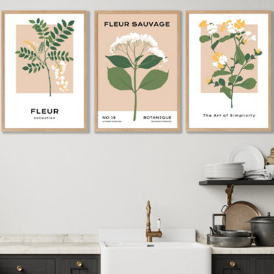 Set Of 3 Framed Vintage Graphical Yellow Wild Flower Market / 50X70Cm / Oak from B&Q