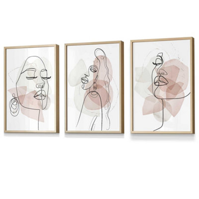 Set Of 3 Framed One Line Abstract Fashion Faces In Pink And Ivory / 30X42Cm (A3) / Oak from B&Q