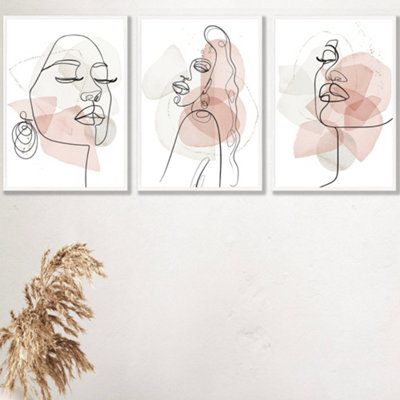 Set Of 3 Framed One Line Abstract Fashion Faces In Pink And Ivory / 42X59Cm (A2) / White from B&Q