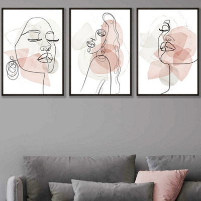 Set Of 3 Framed One Line Abstract Fashion Faces In Pink And Ivory / 50X70Cm / Black from B&Q