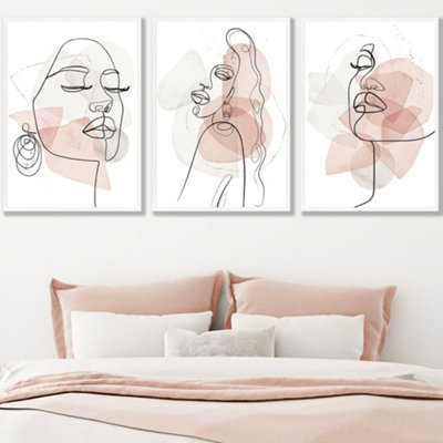 Set Of 3 Framed One Line Abstract Fashion Faces In Pink And Ivory / 50X70Cm / White from B&Q