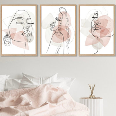 Set Of 3 Framed One Line Abstract Fashion Faces In Pink And Ivory / 50X70Cm / Oak from B&Q