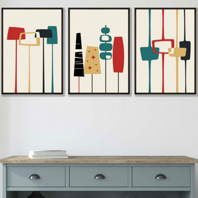 Artze Wall Art Set Of 3 Framed Mid Century Modern In TealRed And Yellow / 30X42Cm (A3) / Black from B&Q