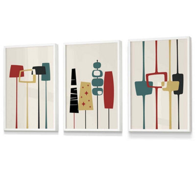 Artze Wall Art Set Of 3 Framed Mid Century Modern In TealRed And Yellow / 30X42Cm (A3) / White from B&Q