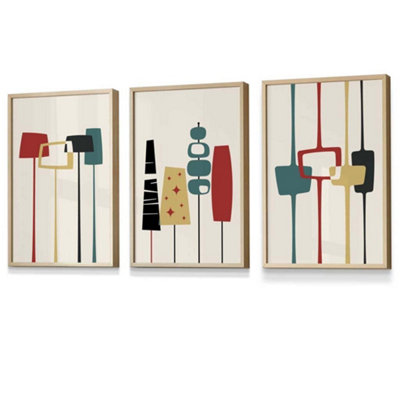 Artze Wall Art Set Of 3 Framed Mid Century Modern In TealRed And Yellow / 30X42Cm (A3) / Oak from B&Q