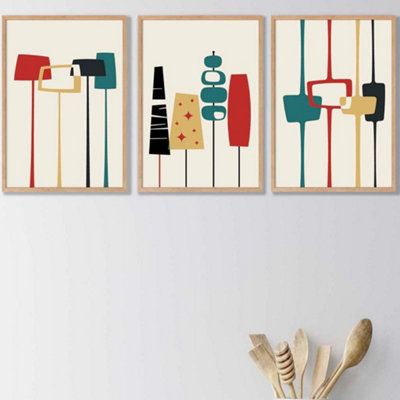 Artze Wall Art Set Of 3 Framed Mid Century Modern In TealRed And Yellow / 42X59Cm (A2) / Oak from B&Q