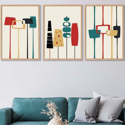 Artze Wall Art Set Of 3 Framed Mid Century Modern In TealRed And Yellow / 50X70Cm / Oak from B&Q