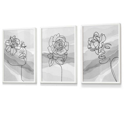 Artze Wall Art Set Of 3 Female Line Art Floral Faces On Grey Wall Art Prints / 30X42Cm (A3) / White Frame from B&Q